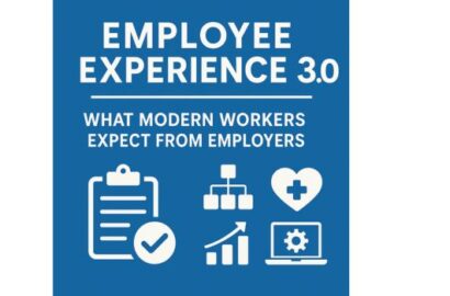 Employee Experience 3.0 graphic showing workplace icons representing flexibility, wellbeing, growth, and modern HR expectations.