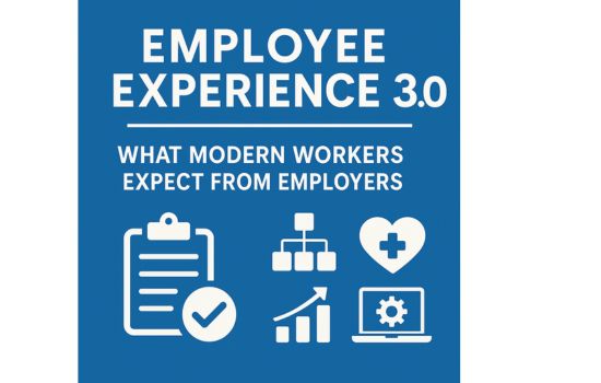 Employee Experience 3.0 graphic showing workplace icons representing flexibility, wellbeing, growth, and modern HR expectations.