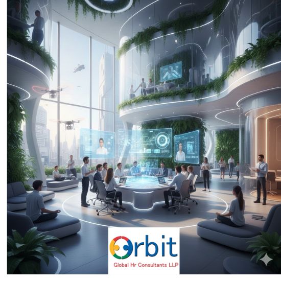 Futuristic office interior with collaborative team meeting around a holographic display, emphasizing biophilic design, flexibility, and well-being. Orbit Global HR logo on the floor.