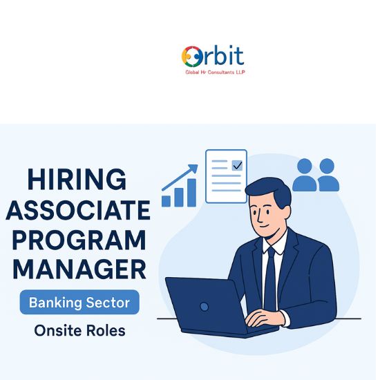 Illustration of an Associate Program Manager working on a laptop with icons showing project management, growth, and teamwork for a banking sector job post