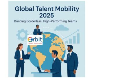 Illustration of global business professionals collaborating around a world map to represent Global Talent Mobility and borderless teams in 2025.