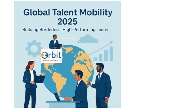 Illustration of global business professionals collaborating around a world map to represent Global Talent Mobility and borderless teams in 2025.