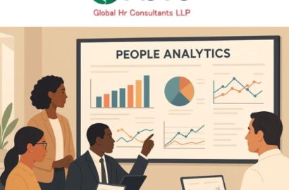 A diverse HR team analyzing People Analytics dashboards and workforce data in a modern office setting.