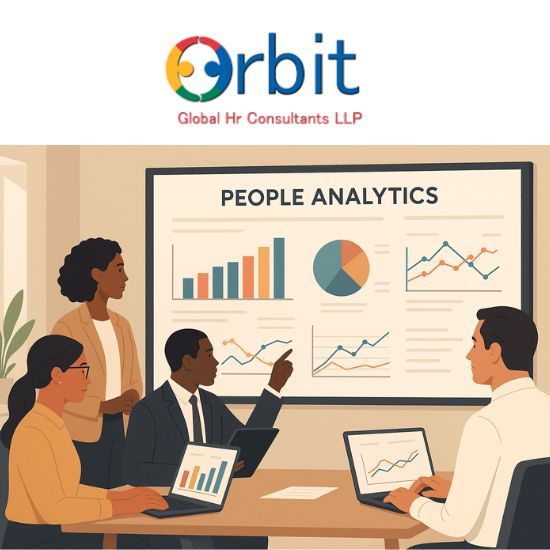 A diverse HR team analyzing People Analytics dashboards and workforce data in a modern office setting.
