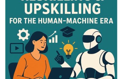 Human working with a robot on reskilling and upskilling in the Human-Machine Era
