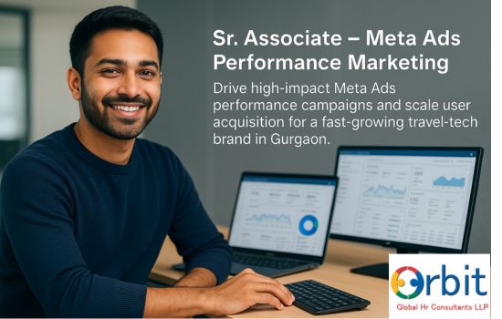 Performance marketing professional working on Meta Ads dashboards in a modern office for a Sr. Associate role in Gurgaon.