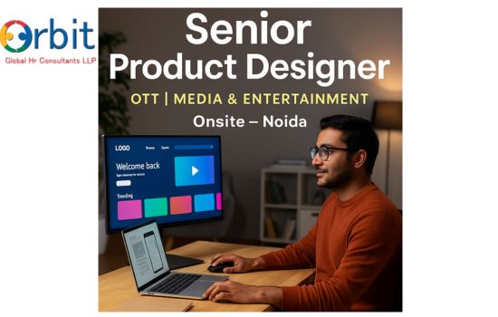 “Senior Product Designer reviewing UI screens and prototypes on a laptop in a modern workspace for a design role in Noida.”