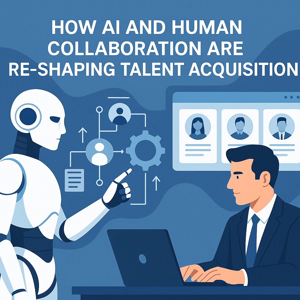 “AI and human collaboration in talent acquisition with a robot and recruiter working together in a digital hiring environment.”