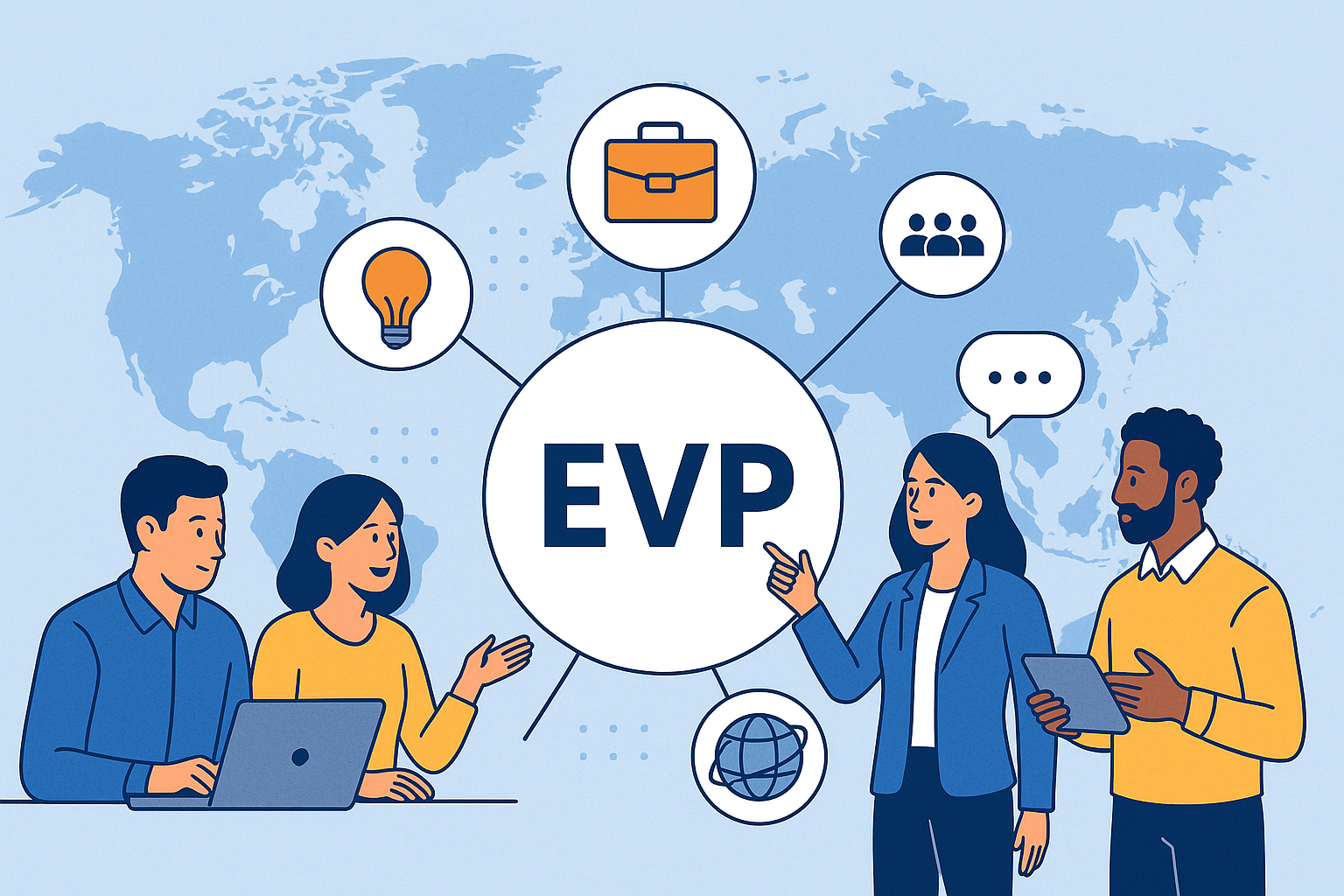 Illustration of diverse professionals collaborating around an EVP concept for the global hybrid workforce created for Orbit Global HR Consultants.