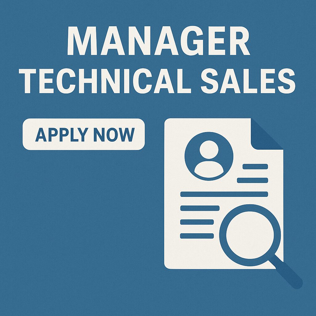 Featured image showing Manager Technical Sales job vacancy with an apply now button and recruitment graphic