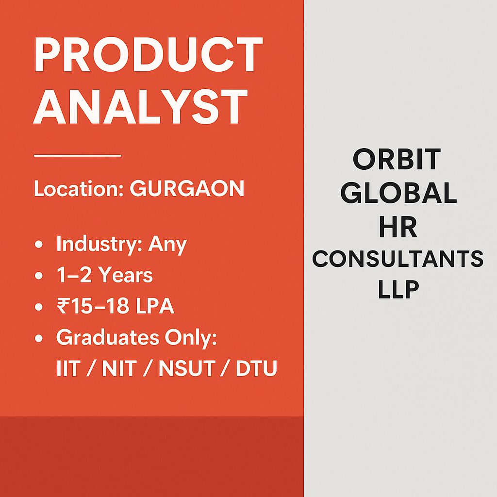 Featured image for Product Analyst job in Gurgaon posted by Orbit Global HR Consultants LLP, showing key job details such as location, salary, experience, and eligibility from IIT, NIT, NSUT, and DTU.