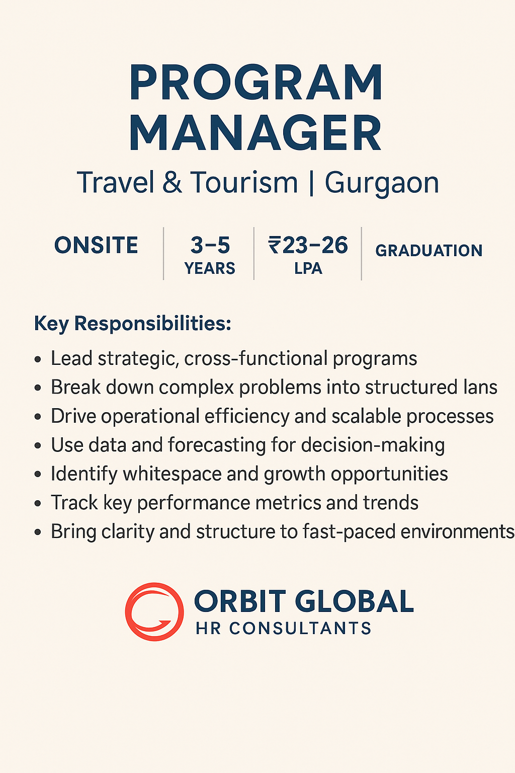 Program Manager job opening in Gurgaon for the Travel and Tourism industry by Orbit Global HR Consultants