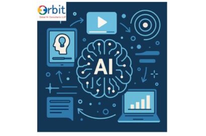 AI-powered learning illustration showing adaptive learning tools, microlearning icons, and digital training concepts for employee development.