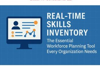 Flat digital graphic of a computer screen displaying a skills inventory dashboard with icons, charts, and profile elements, representing real-time workforce skills mapping.