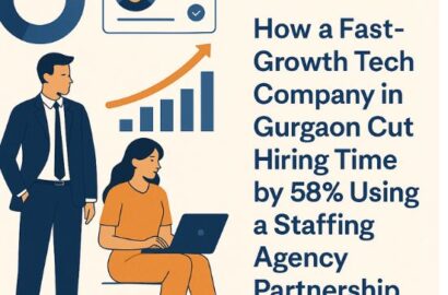 Professional digital illustration showing a consultant presenting hiring results, charts, and performance metrics, representing a case study on staffing agencies in Gurgaon and Delhi NCR.