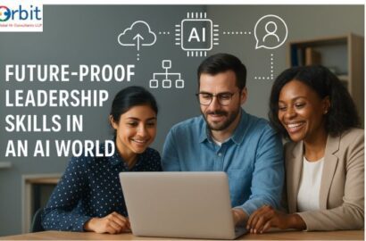 Three diverse managers collaborating on a laptop with AI and hybrid-work icons, representing future-proof leadership skills in an AI-driven workplace.