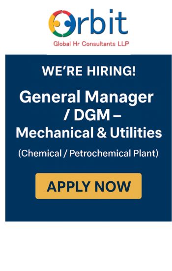 Featured job vacancy banner for GM/DGM Mechanical & Utilities in a chemical and petrochemical plant, highlighting mechanical maintenance, utilities, boilers, TFH, chillers, compressors, and project leadership requirements.