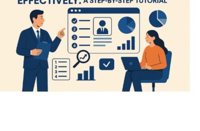 Flat-style digital illustration showing a man and woman discussing hiring steps with charts, checklists, and candidate profiles, representing a tutorial on using staffing agencies in Gurgaon and Delhi NCR effectively.