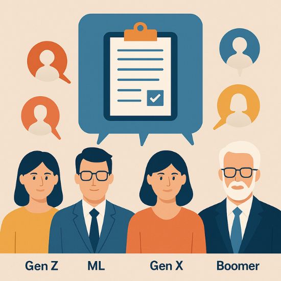 Illustration of a multi-generational workforce with Gen Z, Millennials, Gen X, and Boomers beneath a central HR policy icon representing human-centered HR policies.