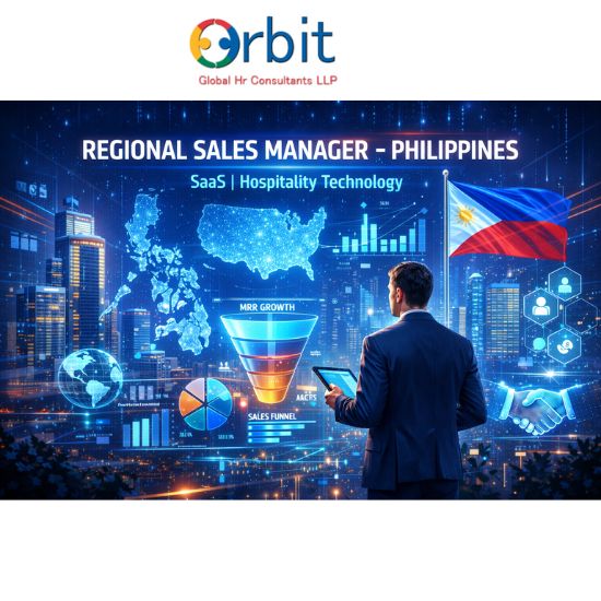 Futuristic illustration of a Regional Sales Manager in the Philippines analyzing SaaS sales performance, MRR growth, and hospitality technology dashboards.