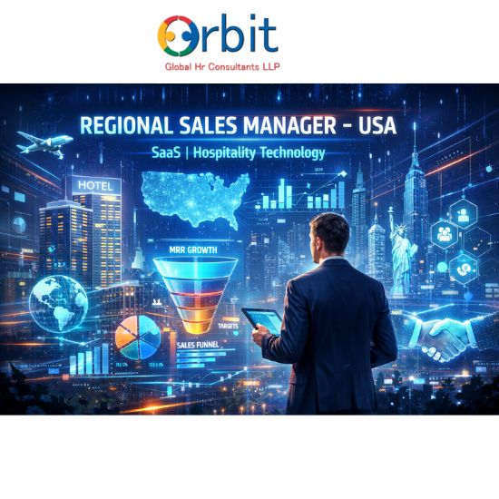 “Futuristic illustration of a Regional Sales Manager in the USA analyzing SaaS sales data, MRR growth, and hospitality technology performance dashboards.”