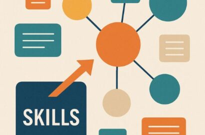 Illustration of a real-time skills map showing connected skills nodes and data blocks, representing organisational skills inventory and workforce planning.