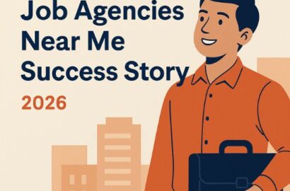 Illustration of a 2026 job agencies near me success story featuring a professional man with a briefcase