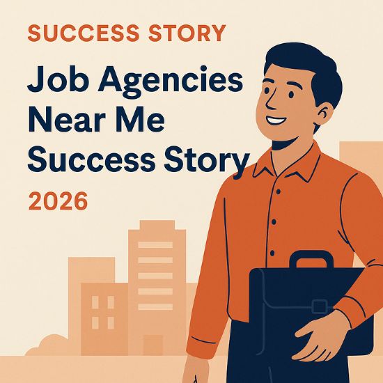 Illustration of a 2026 job agencies near me success story featuring a professional man with a briefcase