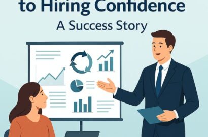 Flat digital illustration showing professionals reviewing hiring results, charts, and performance metrics, representing a success story about staffing agencies in Gurgaon and Delhi NCR.