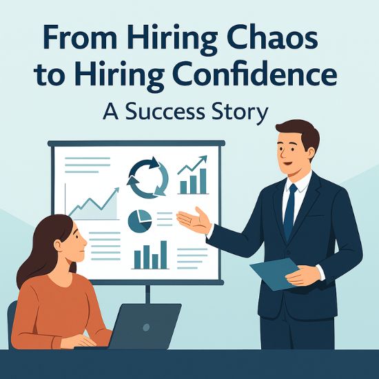 Flat digital illustration showing professionals reviewing hiring results, charts, and performance metrics, representing a success story about staffing agencies in Gurgaon and Delhi NCR.