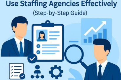 Digital illustration showing professionals reviewing candidate profiles, charts, and hiring icons, representing a step-by-step guide on using staffing agencies in Gurgaon and Delhi NCR.