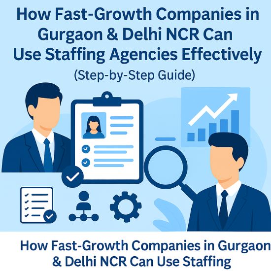 Digital illustration showing professionals reviewing candidate profiles, charts, and hiring icons, representing a step-by-step guide on using staffing agencies in Gurgaon and Delhi NCR.