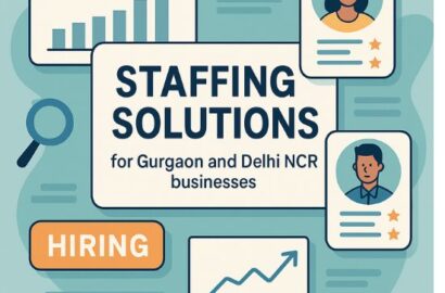 “Flat-style digital illustration showing staffing solutions for Gurgaon and Delhi NCR with hiring icons, candidate profiles, analytics charts, and recruitment visuals.”