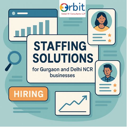 “Flat-style digital illustration showing staffing solutions for Gurgaon and Delhi NCR with hiring icons, candidate profiles, analytics charts, and recruitment visuals.”
