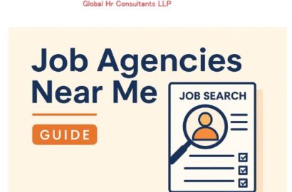 Illustration of a job search guide with the text “Job Agencies Near Me,” showing a magnifying glass over a resume checklist in a modern HR-themed design.