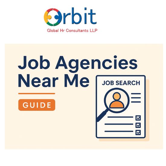 Illustration of a job search guide with the text “Job Agencies Near Me,” showing a magnifying glass over a resume checklist in a modern HR-themed design.