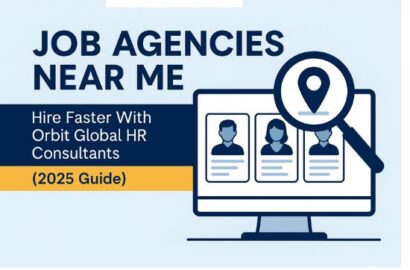 Illustration of a hiring search concept with the text “Job Agencies Near Me,” a magnifying glass over a candidate list, and a focus on Orbit Global HR Consultants.