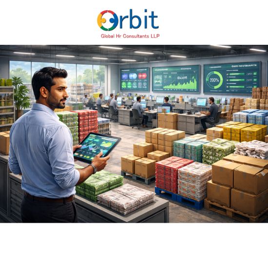 Futuristic non-agri procurement operations with digital inventory management and smart purchase dashboards in a food manufacturing facility