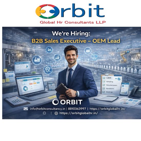 Futuristic hiring visual for B2B Sales Executive OEM role by Orbit Global showing CRM, prospecting, and manufacturing sales environment