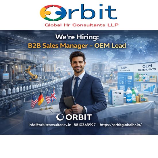 Futuristic hiring visual for B2B Sales Manager OEM Lead by Orbit Global showing manufacturing, OEM products, and international sales focus
