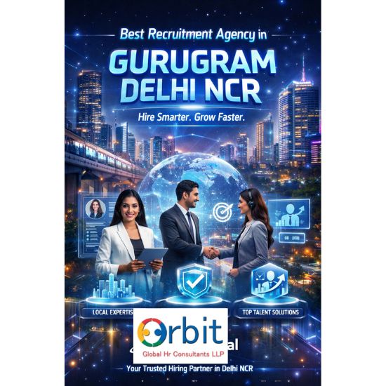 Futuristic illustration showing professionals hiring talent with a digital Gurugram Delhi NCR skyline, representing the best recruitment agency in Gurugram Delhi NCR.