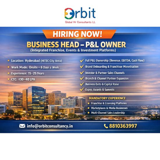 Business Head P&L Owner job opening in Hyderabad with 30–40 LPA salary for franchise and investment platform leadership role