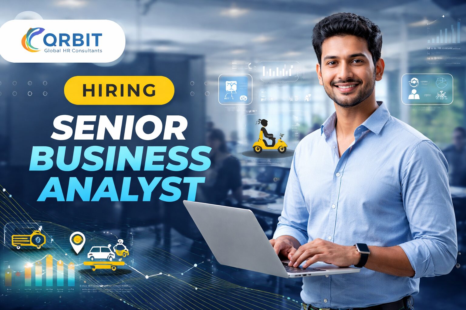 Senior Business Analyst hiring banner by Orbit Global HR Consultants showcasing analytics and mobility technology role in Bangalore