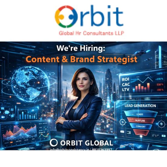 Futuristic hiring visual for Content and Brand Strategist role by Orbit Global with contact email and phone number