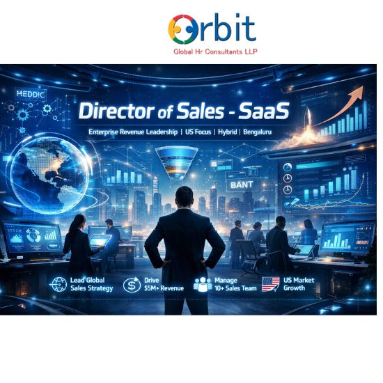 Futuristic illustration of a Director of Sales leading enterprise SaaS revenue strategy with global dashboards and US market focus