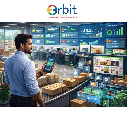 Futuristic e-commerce operations with digital sales dashboards, quick commerce platforms, and smart order fulfillment in a modern FMCG workspace