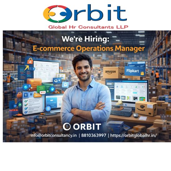 Futuristic hiring visual for E-commerce Operations Manager role by Orbit Global with warehouse, marketplace operations, and contact details
