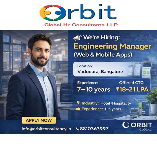 Futuristic hiring visual for Engineering Manager Web and Mobile Applications role by Orbit Global with salary, experience, and contact details