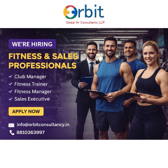 Hiring fitness and sales professionals including Club Manager, Fitness Trainer, Fitness Manager, and Sales Executive at Orbit Global