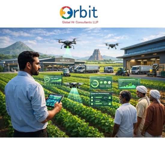 Futuristic agri procurement and contract farming with digital crop monitoring, drones, and farmer collaboration in South India